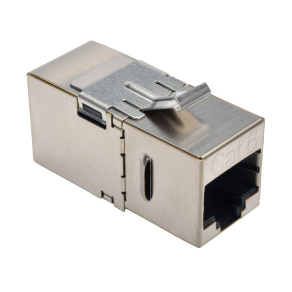 Tripp Lite series Cat6 Straight-Through Modular Shielded In-Line Snap-In Coupler with 90-Degree Down-Angled Port (RJ45 F/F), TAA