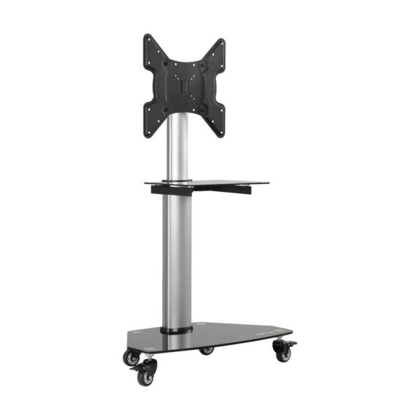 249b1430f6f98c97134f65dc862d5f81 Tripp Lite series Premier Rolling TV Cart for 32” to 55” Displays, Black Glass Base and Shelf, Locking Casters