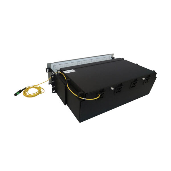 Tripp Lite series Preloaded Fiber Patch Panel, 3U - 64x (12F MTP/MPO-APC to 4x LC Duplex F/F) 8F Trunk Cables, OS2 Singlemode, 3 m (9.8 ft.)