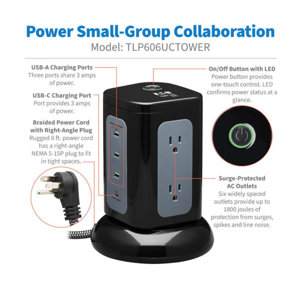 Tripp Lite series 6-Outlet Surge Protector Tower, 3x USB-A, 1x USB-C, 8 ft. Cord, 5-15P Plug, 1800 Joules, Black