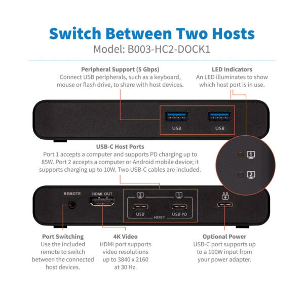 Tripp Lite series 2-Port USB-C KVM Dock - 4K HDMI, USB 3.2 Gen 1, USB-A Hub, Remote Selector, 85W PD Charging, Black, TAA