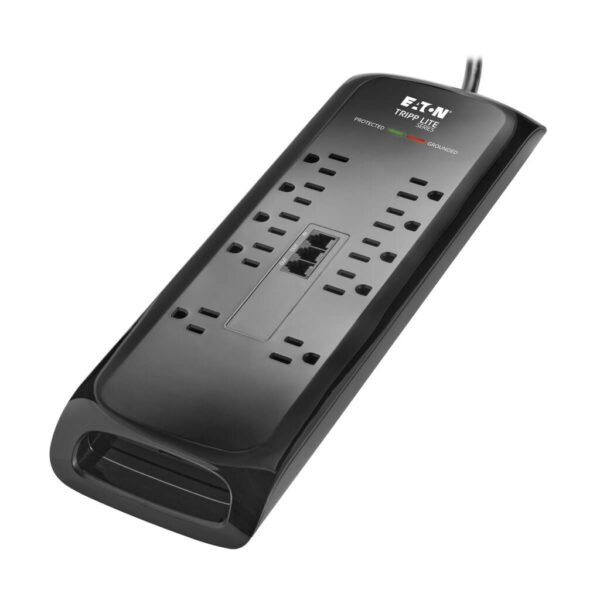 Tripp Lite series Protect It! 10-Outlet Surge Protector, 8 ft. (2.43 m) Cord with Right-Angle Plug, 2395 Joules, Tel/DSL Protection, Black Housing