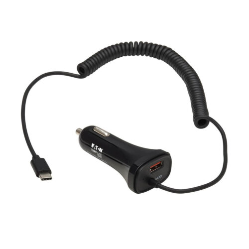 Tripp Lite series Dual-Port USB Car Charger with 30W Charging - USB-C (18W) QC 3.0, USB-A (12W), Coiled 6 ft. (1.83 m) USB-C Cable, Black