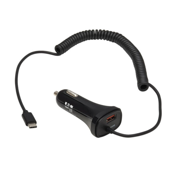 288323c8a2dcddc5e1a3693728c5db02 Tripp Lite series Dual-Port USB Car Charger with 30W Charging - USB-C (18W) QC 3.0, USB-A (12W), Coiled 6 ft. (1.83 m) USB-C Cable, Black