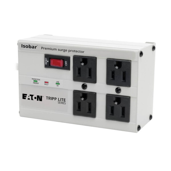 28956728df504f7006ec9c7fc7d75608 Tripp Lite series Isobar 4-Outlet Surge Protector, 6 ft. Cord with Right-Angle Plug, 3330 Joules, Diagnostic LEDs, Metal Housing