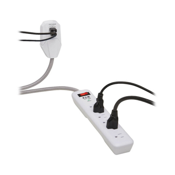Tripp Lite 7-Outlet Surge Protector, 6 on Strip + 1 on Detachable Charger Plug, 2 USB (2.4A Shared), 900 Joules, 6 ft. Cord, 5-15P, White - TLP616USB