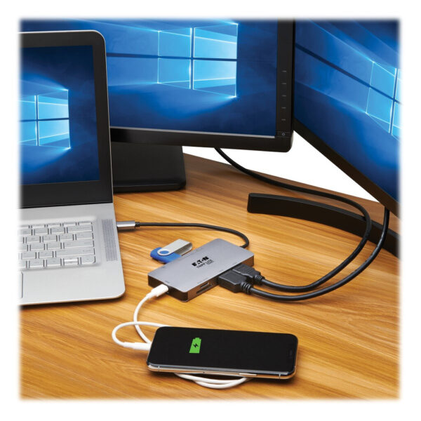 Tripp Lite series USB-C Dock, Dual Display - 4K 60 Hz HDMI, USB 3.x (5Gbps) Hub Ports, GbE, Memory Card, 100W PD Charging, Gray