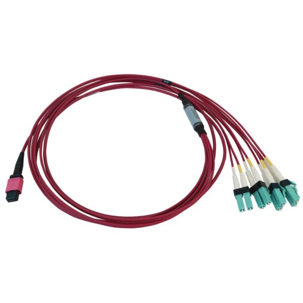 Tripp Lite series 40/100G Multimode 50/125 OM4 Fiber Optic Cable (12F MTP/MPO-PC to 4x Duplex LC/PC F/M), LSZH, Magenta, 2 m (6.6 ft.)