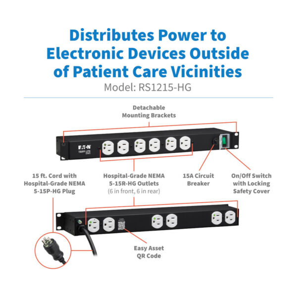 Tripp Lite series NOT for Patient-Care Vicinity - UL 1363 1U Rackmount Power Strip with 12 Hospital-Grade Outlets, 15 ft. (4.57 m) Cord