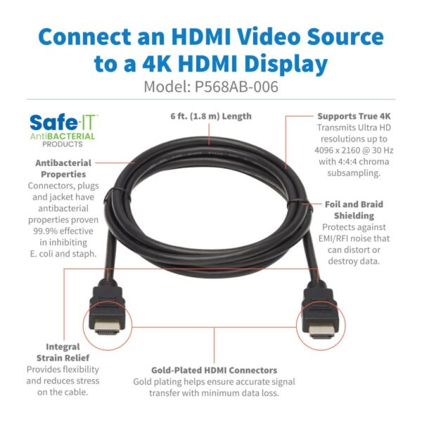 Tripp Lite series Safe-IT High-Speed HDMI Antibacterial Cable (M/M), UHD 4K, 4:4:4, Black, 6 ft.