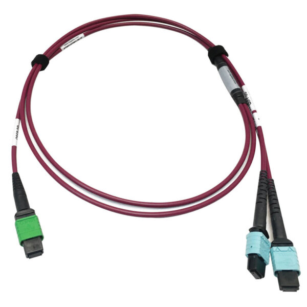 Tripp Lite series 400G Multimode 50/125 OM4 Plenum Fiber Optic Cable, 16F MTP/MPO-APC to (x2) 12F MTP/MPO-UPC (F/F), Magenta, 1 m