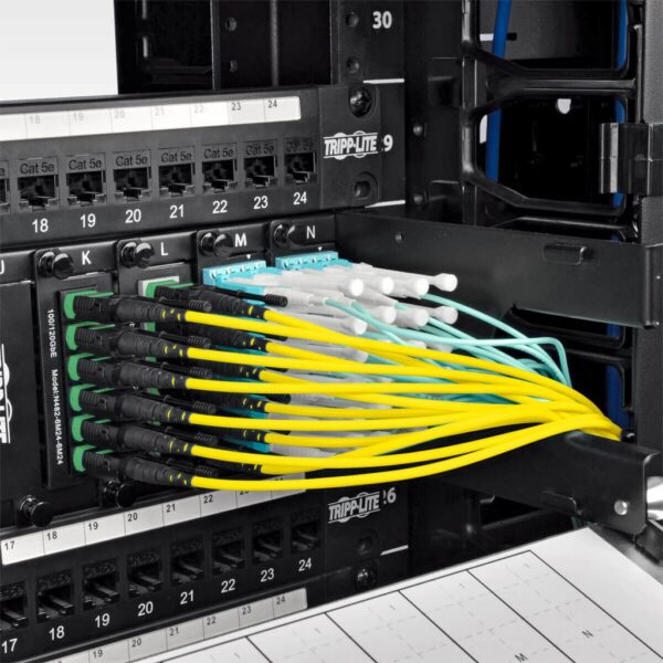 Tripp Lite series MTP/MPO (APC) Singlemode Patch Cable (F/F), 12 Fiber, 40/100 GbE, QSFP+ 40GBASE-PLR4, Plenum, Push/Pull Tab, Yellow, 5 m (16 ft.)
