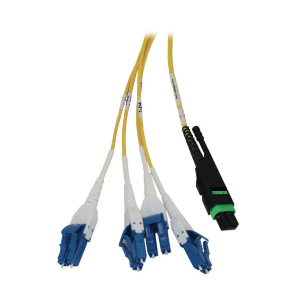 Tripp Lite series Preloaded Fiber Panel, 1U - 2x (12F MTP/MPO-APC to 4x LC Duplex F/M) 8F Trunk Cables, OS2 Singlemode, 20 m (65.6 ft.)