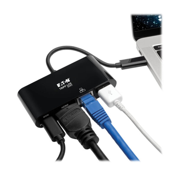 2ea560e45d71c311092fa869ed905952 Tripp Lite series USB-C Multiport Adapter - HDMI, USB 3.x (5Gbps) Hub Port, Gigabit Ethernet, 60W PD Charging, HDCP, Black