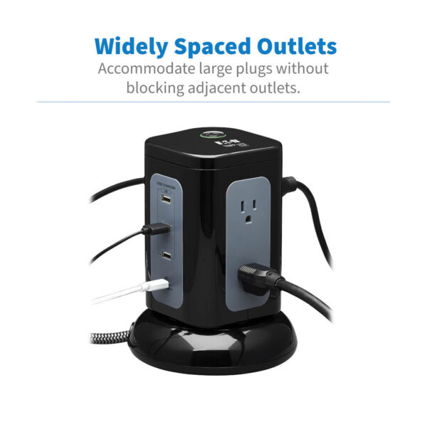 Tripp Lite series 6-Outlet Surge Protector Tower, 3x USB-A, 1x USB-C, 8 ft. Cord, 5-15P Plug, 1800 Joules, Black