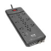 Tripp Lite series Protect It! 12-Outlet Surge Protector, 8 ft. (2.43 m) Cord, 4320 Joules, Tel/Modem/Coax Protection, 2 USB Ports, Black
