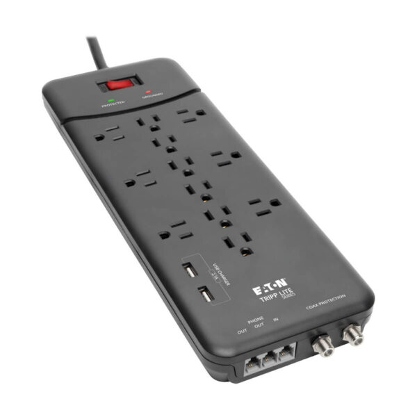 Tripp Lite series Protect It! 12-Outlet Surge Protector, 8 ft. (2.43 m) Cord, 4320 Joules, Tel/Modem/Coax Protection, 2 USB Ports, Black