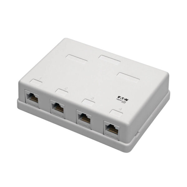 309168b282324f03a78c55f18800061f Tripp Lite series Pre-Configured Unshielded Cat6 4-Port Surface-Mount Box, 110 IDC, RJ45, White, TAA - N236-004-WH