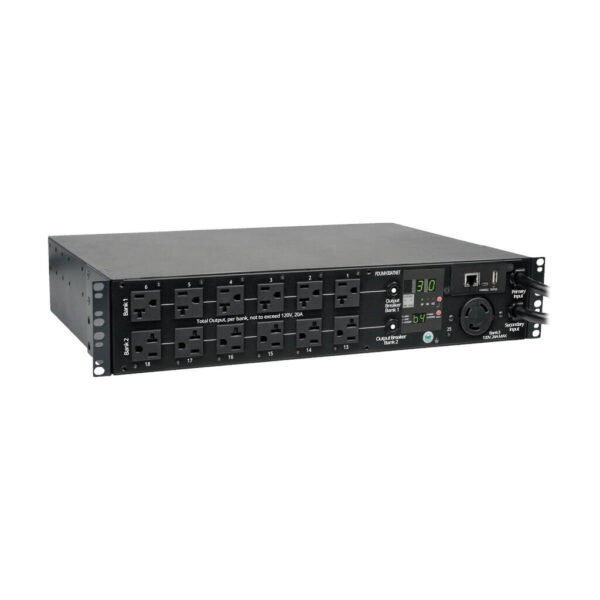 Tripp Lite series 2.9kW Single-Phase Switched Automatic Transfer Switch PDU, 2 120V L5-30P Inputs, 24 5-15/20R & 1 L5-30R Outputs, 2U, TAA