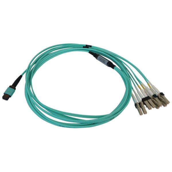 Tripp Lite series 40/100/400G Multimode 50/125 OM3 Fiber Optic Cable (12F MTP/MPO-PC to 4x Duplex LC/PC F/M), LSZH, Aqua, 3 m (9.8 ft.)
