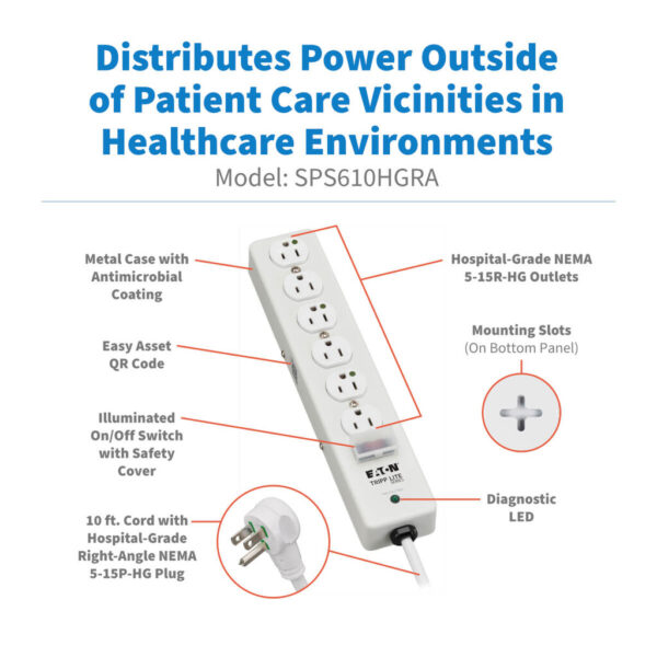 Tripp Lite series Hospital-Grade Surge Protector with 6 Hospital-Grade Outlets, 10 ft. (3.05 m) Cord, 1050 Joules, UL 1363, Not for Patient-Care Rooms