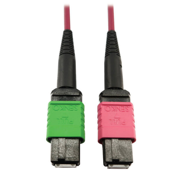 3650c40433f62f348334f9808bb4017d-1 Tripp Lite series 400G Multimode 50/125 OM4 Plenum Fiber Optic Cable, 16F MTP/MPO-APC to MTP/MPO-UPC (F/F), Magenta, 1 m