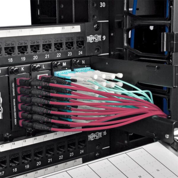 3732becddc5a3feaf0aae46668fdfb4f-1 Tripp Lite MTP/MPO Multimode Base-8 Trunk Cable, 24-Strand, 40GB/100GB, 40/100GBASE-SR4, OM4 Plenum-Rated (3xF/3xF), Magenta, 23 m - N858-23M-3X8-MG