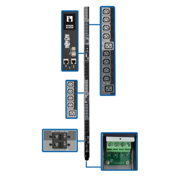 Tripp Lite series 28.8kW 220-240V 3PH Switched PDU - LX Interface, Gigabit, 30 Outlets, Hardwire 380-415V Input, LCD, 1.8 m Cord, 0U 1.8 m Height, TAA