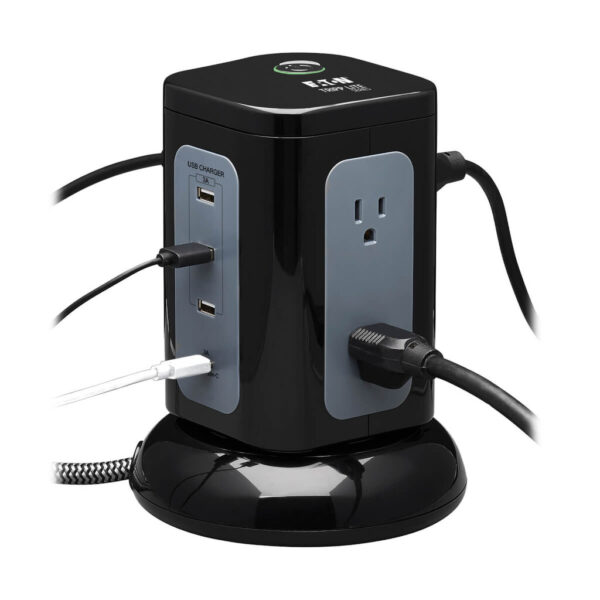 Tripp Lite series 6-Outlet Surge Protector Tower, 3x USB-A, 1x USB-C, 8 ft. Cord, 5-15P Plug, 1800 Joules, Black