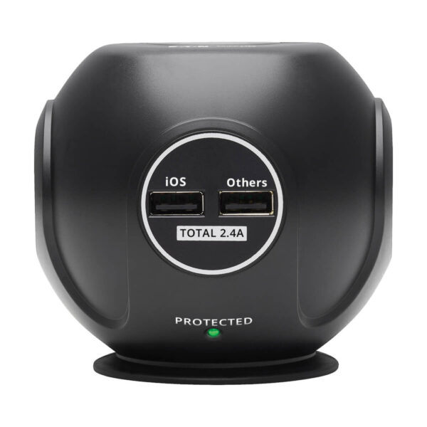 3949b768a8e9aefb3916c5556410cef5 Tripp Lite series 3-Outlet Spherical Surge Protector, 4 USB Ports (4.8A Shared) - 6 ft. (1.83 m) Cord, 5-15P Plug, 540 Joules, Black