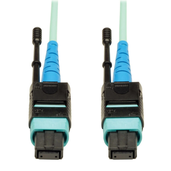 399e2732ebd7813f2653119e39dd4eb8 Tripp Lite series MTP/MPO Patch Cable with Push/Pull Tab Connectors, 100GBASE-SR10, CXP, 24 Fiber, 100Gb OM3 Plenum-rated - Aqua, 5M (16 ft.)