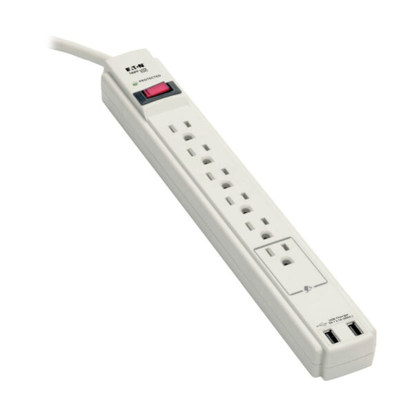 39dc9bb469302fb92c899e6176046c24 Tripp Lite series Protect It! 6-Outlet Surge Protector, 1200 Joules, USB-A & USB-C Charging Ports (4A Total), 6 ft. (1.8 m) Cord, Gray Housing