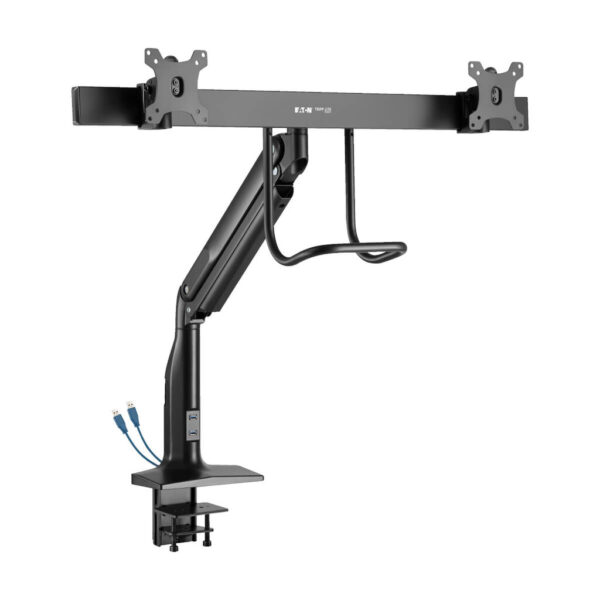 3a03af8646e5cdc60fc55e60d7410c5f Tripp Lite series Safe-IT Precision-Placement Dual-Display Desk Clamp or Grommet with Antimicrobial Tape for 17” to 35” Displays, USB Ports