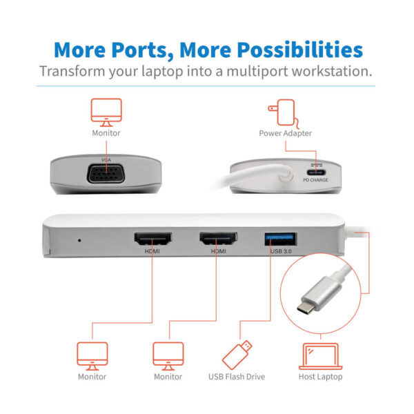 Tripp Lite series USB-C Dock, Triple Display - HDMI, VGA, USB 3.x (5Gbps), USB-A Hub, 60W PD Charging
