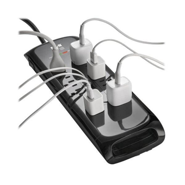 Tripp Lite series Protect It! 10-Outlet Surge Protector, 8 ft. (2.43 m) Cord with Right-Angle Plug, 2395 Joules, Tel/DSL Protection, Black Housing
