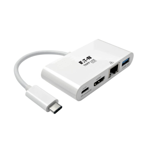3b92a872cb136a48e9480853f2154363 Tripp Lite series USB-C Multiport Adapter - HDMI, USB 3.x (5Gbps) Hub Port, Gigabit Ethernet, 60W PD Charging, HDCP, White
