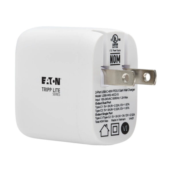 3c01e71496b3e5db60a09fbe55501943 Tripp Lite series Dual-Port Compact USB-C Wall Charger - GaN Technology, 40W PD Charging (20W+20W or 30W), White