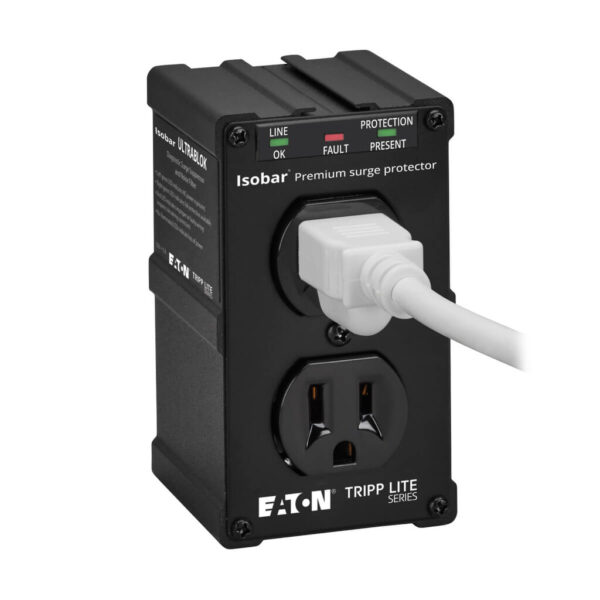 Tripp Lite series Isobar 2-Outlet Surge Protector, Direct Plug-In, 1410 Joules, Diagnostic LEDs, Black Metal Housing