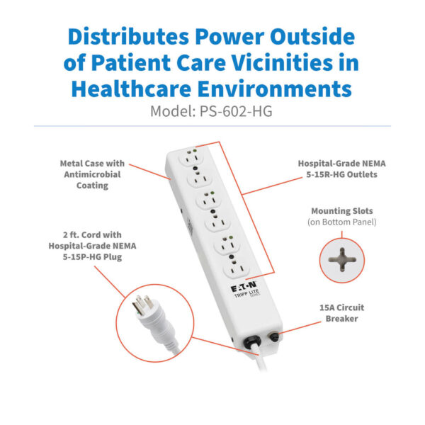 3cb8cf6aa565da48f8bd358896da3c7c Tripp Lite series Safe-IT Medical-Grade Power Strip, UL 1363, 6x Hospital-Grade Outlets, Antimicrobial, 1.5 ft. (0.45 m) Cord