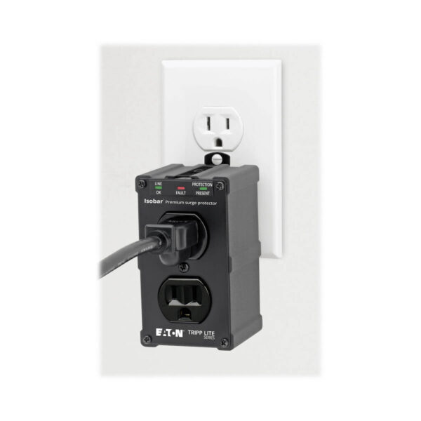 Tripp Lite series Isobar 2-Outlet Surge Protector, Direct Plug-In, 1410 Joules, Diagnostic LEDs, Black Metal Housing