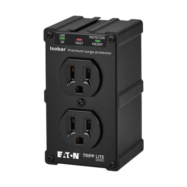 Tripp Lite series Isobar 2-Outlet Surge Protector, Direct Plug-In, 1410 Joules, Diagnostic LEDs, Black Metal Housing