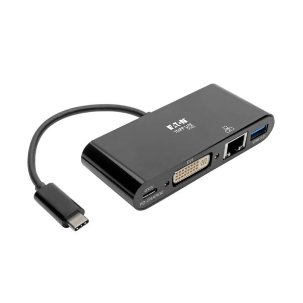 3eb606e988948393262607b92ece4e54 Tripp Lite series USB-C Multiport Adapter, DVI, USB 3.x (5Gbps) Hub Port, Gbe and PD Charging, Black