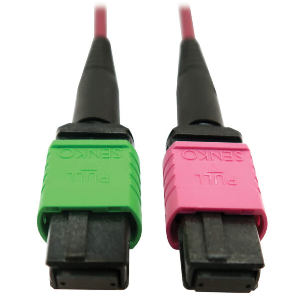 Tripp Lite series 400G Multimode 50/125 OM4 Plenum Fiber Optic Cable, 16F MTP/MPO-APC to MTP/MPO-UPC (F/F), Magenta, 5 m
