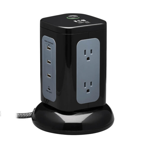 Tripp Lite series 6-Outlet Surge Protector Tower, 3x USB-A, 1x USB-C, 8 ft. Cord, 5-15P Plug, 1800 Joules, Black