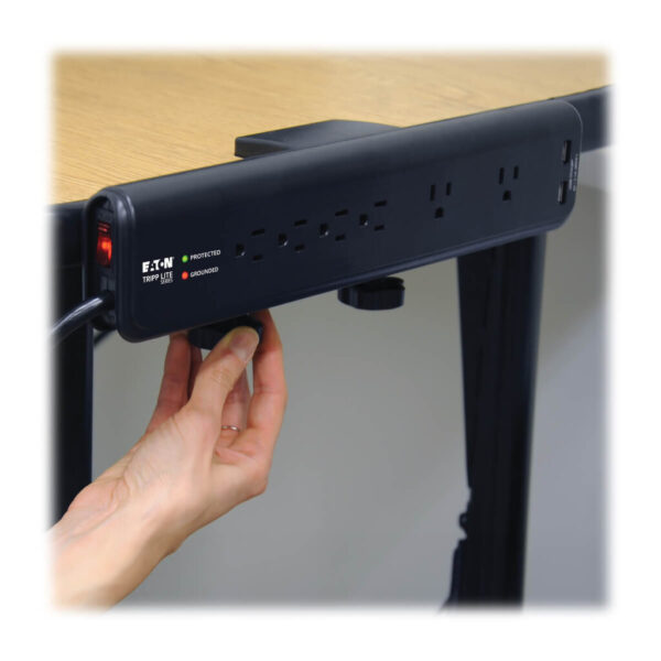 Tripp Lite series Protect It! 6-Outlet Clamp-Mount Surge Protector, 6 ft. (1.83 m) Cord, 2100 Joules, 2 x USB Charging ports (2.1A total)