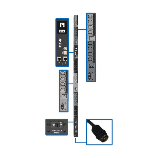 Eaton 10kW 200-240V 3PH Switched PDU - LX Interface, Gigabit, 30 Outlets, L21-30P Input, LCD, 1.8 m Cord, 0U 1.8 m Height, TAA