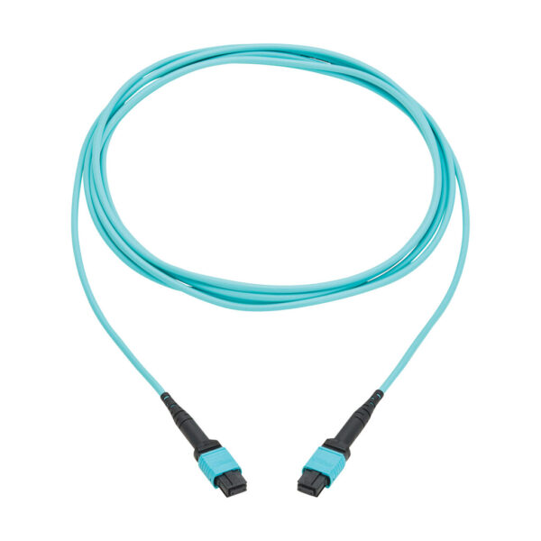 Tripp Lite series 100G Multimode 50/125 OM4 Fiber Optic Cable (12F MPO/MPO-PC F/F), Type-A Polarity, OFNP, Aqua, 3 m (9.8 ft.), TAA