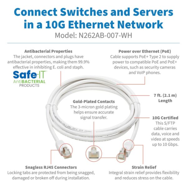 Tripp Lite series Safe-IT Cat6a 10G Snagless Antibacterial S/FTP Ethernet Cable (RJ45 M/M), PoE, White, 7 ft. (2.13 m), TAA