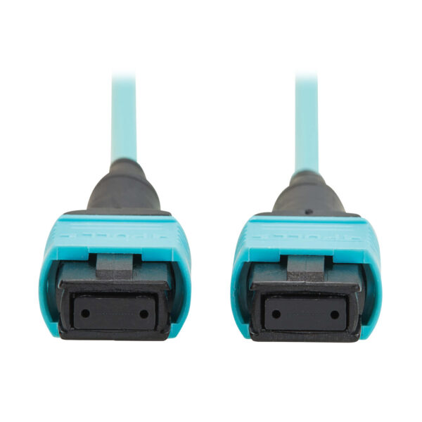 Tripp Lite series 100G Multimode 50/125 OM4 Fiber Optic Cable (12F MPO/MPO-PC F/F), Type-B Polarity, OFNP, Aqua, 10 m (32.8 ft.), TAA