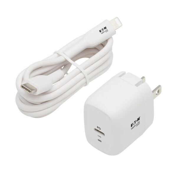 Tripp Lite series Compact USB-C Wall Charger with USB-C to Lightning Cable - 18W PD Charging, GaN Technology, White